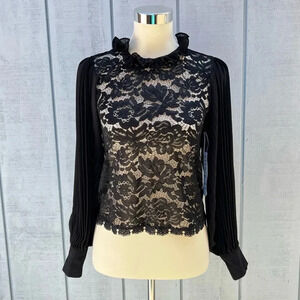 Story On Pleated Sleeve Lace Blouse Top Sheer Black See-Through